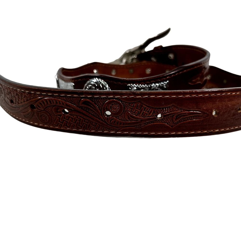 Longhorn Steer Skull Leather Belt Embossed n Studded Mens Size 42 Made in Mexico - Picture 8 of 9